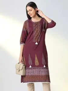 SHOWOFF Ethnic Motifs Printed Sequinned Round Neck Straight Kurta