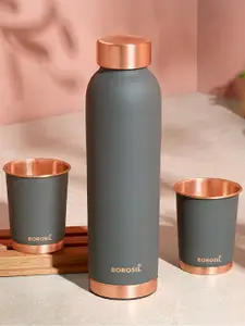 BOROSIL Grey & Copper-Toned 3 Pieces BPA Free Water Bottle With Glasses 1000ml