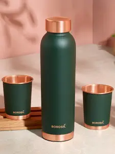 BOROSIL Green & Copper-Toned 3 Pieces BPA Free Water Bottle With Glasses 1000ml