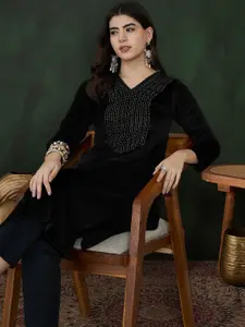 Sangria Black V-Neck Straight Velvet Kurta