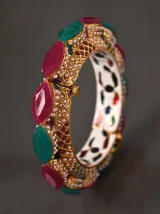JAYPORE Gold-Plated Stone Studded & Beaded Bangle