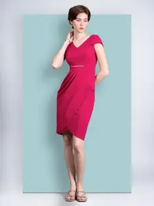 Chemistry Women Solid V Neck Cap Sleeves Polyester Side Pocketed Knee Long Work wear Dress