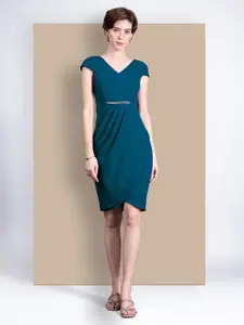 Chemistry Women V-Neck Cap Sleeve Solid Wrapped Polyester Knee-Long Work wear Dress