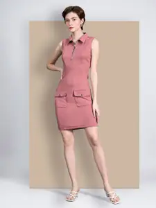 Chemistry Women Solid Sleeveless Collared Bodycon Above-Knee Polyester Work wear Dress