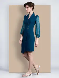 Chemistry Women Shawl Collar Bishop Sleeves Solid Double Breasted Knee Length Work wear Dress