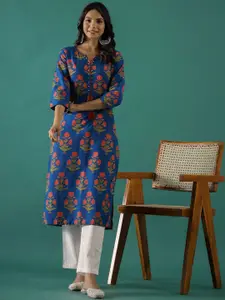 Sangria Red & Blue Floral Printed Notch Neck Pure Cotton Straight Kurta