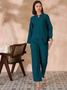 all about you Teal Green Self Design Round Neck Top With Trousers