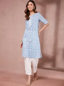 Fabindia Floral Block Printed Keyhole Neck Cotton Straight Kurta