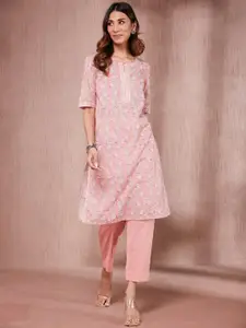 Fabindia Floral Block Printed Keyhole Neck Cotton Straight Kurta