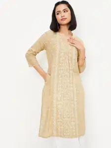 max Ethnic Motifs Woven Design Pleated Square Neck Straight Kurta