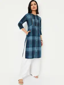 max Checked High Slit Round Neck Embroidered Straight Kurta