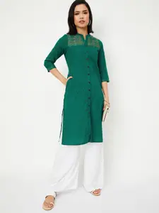 max Geometric Woven Design High Slit Mandarin Collar Embroidered Straight Kurta