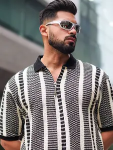 Maniac Men Self Design Polo Collar Cotton Relaxed Fit T-shirt