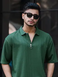 Maniac Men Self Design Polo Collar Cotton Relaxed Fit T-shirt