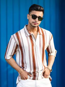 Maniac Men Striped Polo Collar Cotton Relaxed Fit T-shirt