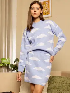 Berrylush Purple Printed Round Neck Sweater With Skirt