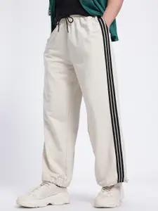 glitchez Men Side Stripes Mid-Rise Baggy Fit Track Pants with Toggle Hem