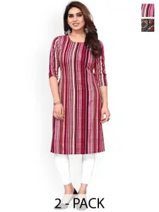 KETAKI FASHION Selection Of 2 Striped Round Neck Straight Kurtas