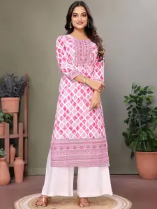 Rangita Geometric Printed Mirror Work Round Neck Cotton Straight Kurta