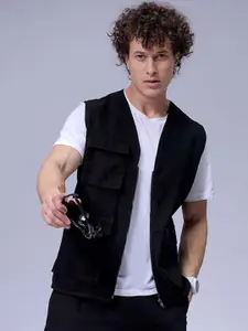 The Indian Garage Co Men Collarless Solid Cotton Casual Gilet Jacket