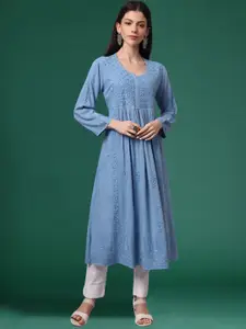 PARAMOUNT CHIKAN Floral Embroidered Chikankari Notch Neck A-Line Kurta