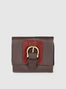 Hidesign Women SHANGHAI Croc Textured Buckle Detail Leather Three Fold Wallet