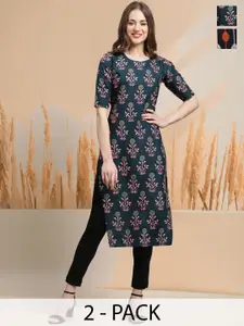 7Threads Selection Of 2 Floral Printed Round Neck Straight Kurtas