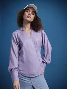 The Roadster Lifestyle Co. Solid Dolman Sleeves Asymmetric Placket Casual Shirt