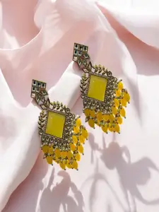 AccessHer Brass-Plated Artificial Stones Studded And Beaded Geometric Shaped Drop Earrings