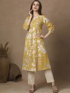 FASHOR Floral Printed V-Neck Pure Cotton A-Line Kurta