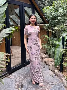 Stylecast X Hersheinbox Floral Print Cold-Shoulder Net Maxi Dress
