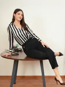 FableStreet Women Comfort Fit Collarless Vertical Striped Satin Casual Shirt