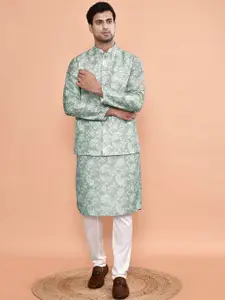 MAAHI FABS Floral Printed Mandarin Collar Straight Kurta With Pyjama And Nehru Jacket