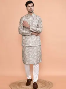 MAAHI FABS Floral Printed Mandarin Collar Straight Kurta With Pyjama And Nehru Jacket