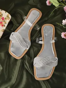 Styli Women Rhinestone Embellished Silver Flats