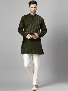 Utsav Fashion Striped Embroidered Band Collar Straight Short Kurta with Trousers