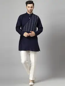 Utsav Fashion Striped Embroidered Band Collar Straight Short Kurta with Trousers