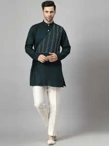 Utsav Fashion Striped Embroidered Band Collar Straight Short Kurta with Trousers