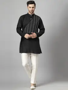 Utsav Fashion Striped Embroidered Band Collar Straight Short Kurta with Trousers
