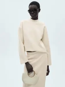MANGO Boucle Weave High-Neck Drop-Sleeves Relaxed Fit Sweatshirt