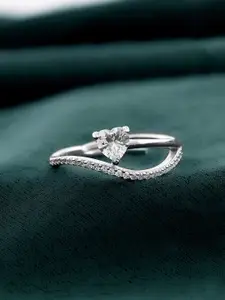 Studio Voylla Sterling Silver Rhodium-Plated AD-Stone Studded Shining Heart Finger Ring