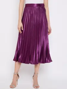 ZWERLON Women A-Line Pleated Flared Satin Midi Skirt
