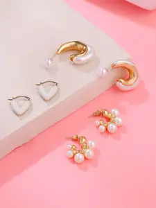 Yellow Chimes Set Of 3 Gold Plated Pearls Studded Contemporary Studs Earrings