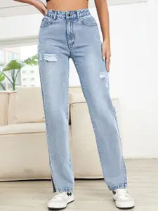 StyleCast Women Straight Fit Mildly Distressed Side Slits Cotton Jeans