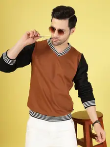 Rigo Men Camel Brown Colorblock Fleece sweatshirt