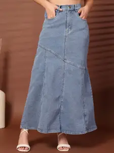 plusS Women Denim Flared Maxi Skirt