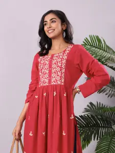 Varanga Floral Embroidered Pleated Cotton A-Line Kurta