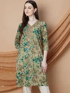 Melange by Lifestyle Floral Printed V-Neck Sequinned Straight Kurta