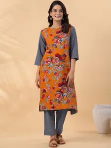 KALINI Floral Printed Boat Neck Straight Kurta