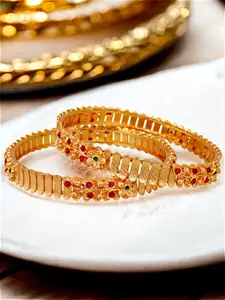 LUCKY JEWELLERY Set Of 2 18K One Gram Gold-Plated Stones-Studded Bangles